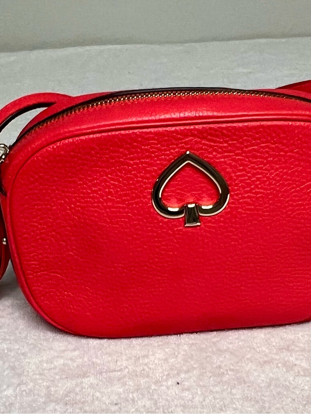 kate spade Kourtney Camera Bag Coral Red Pebbled Leather Spade Logo Crossbody